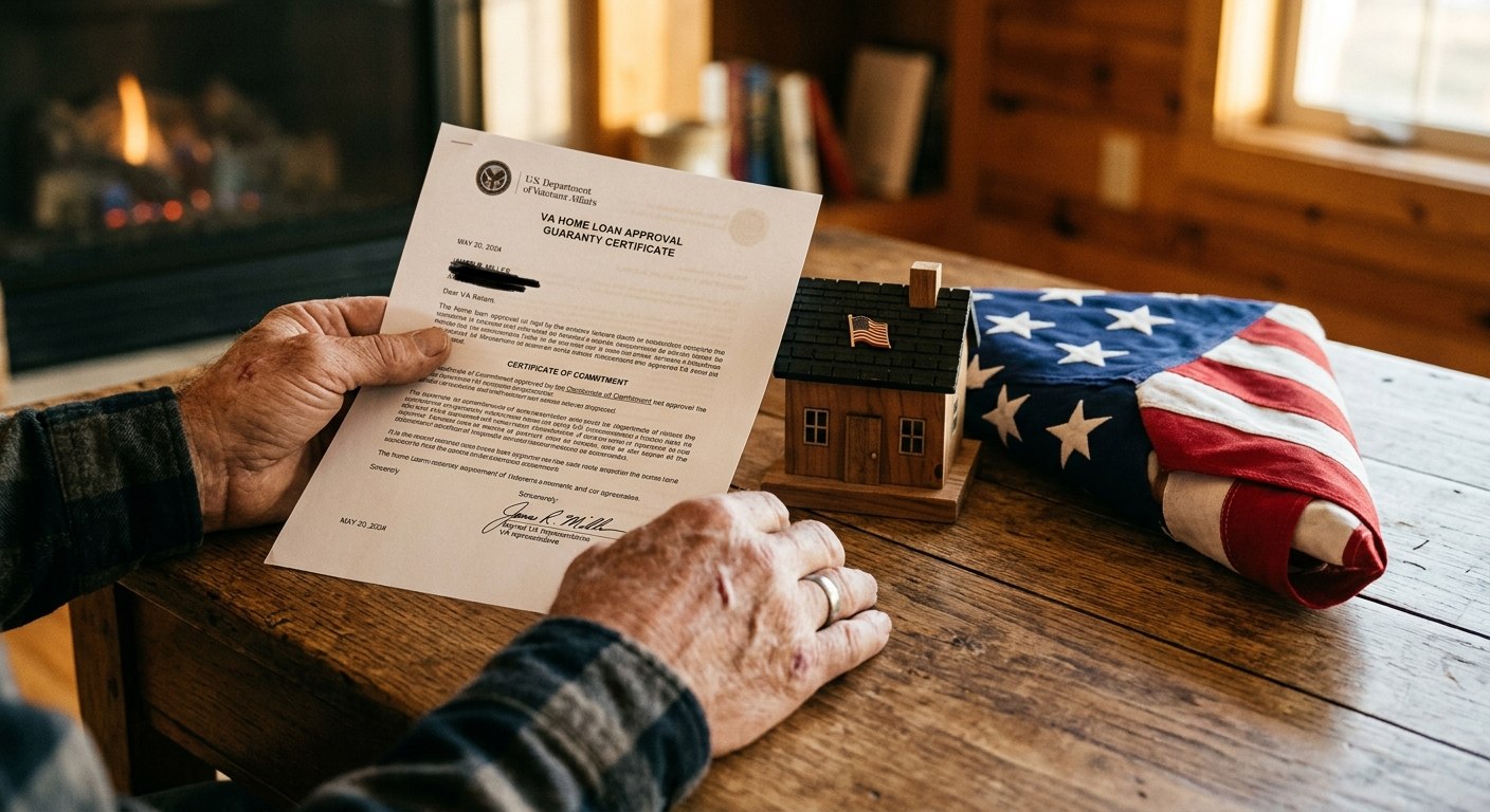 chicago-va-loan-approval-document-model-house-flag Close-up of veteran's hands, VA approval document, model house, folded flag on wooden table